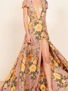 Reformation Mauve Floral Wrap Maxi Dress with Yellow Roses